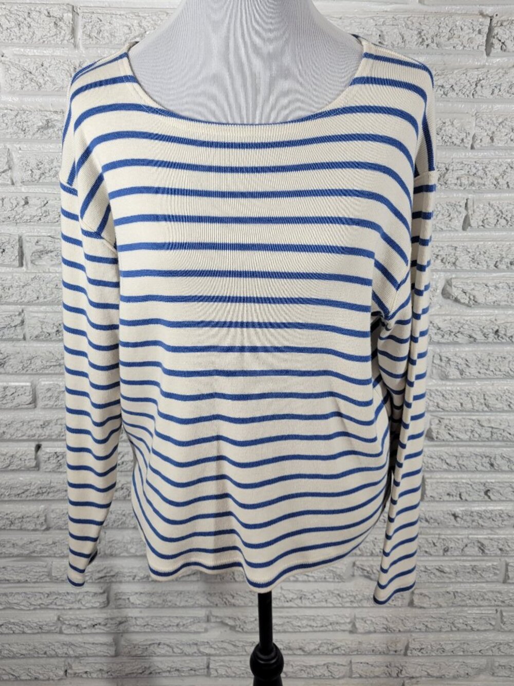LL‎ Bean Women XL Sweater Blue White Striped 100% Cotton Pullover Knit STR108E